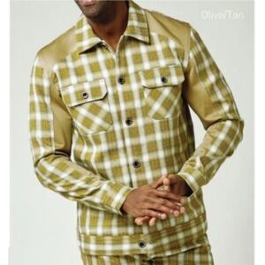 Stacy Adams Olive Green Tan Plaid Button Front Shirt Jacket Elbow Patches Large